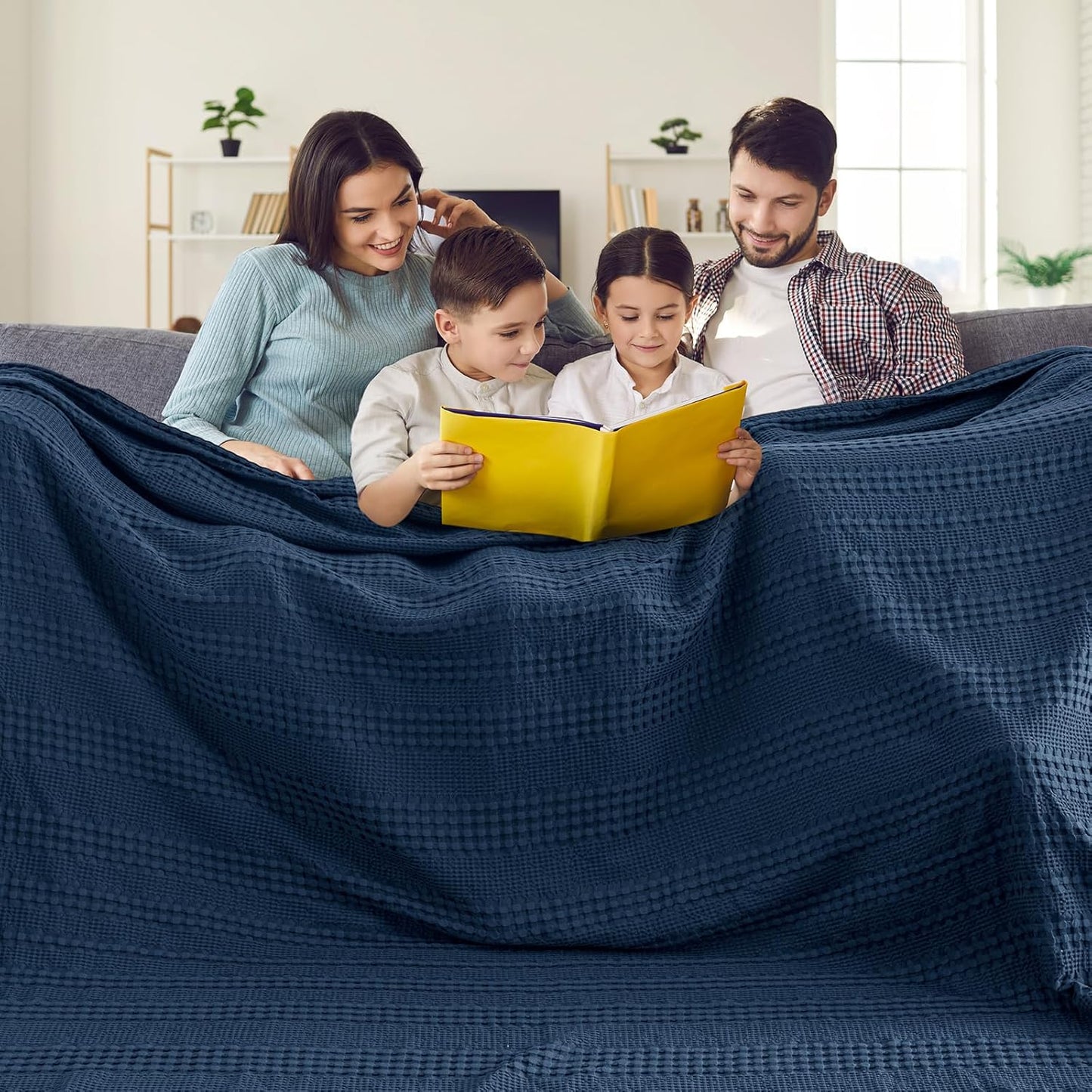 PHF Cooling Waffle Blanket California King Size, Lightweight 60% Rayon Derived from Bamboo & 40% Cotton Breathable Blanket for Hot Sleepers, Soft and Luxury for Bed Couch and Sofa, 110"x96", Navy Blue