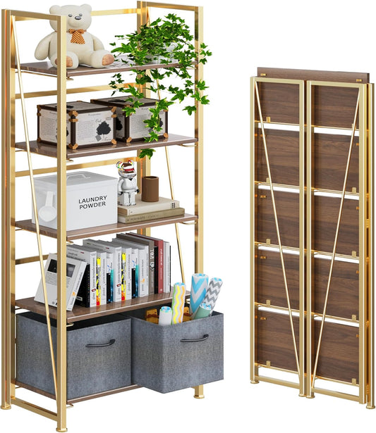 4NM No Assembly Foldable Bookshelf, 5-Shelf Collapsible Bookcase Storage for Small Spaces, 62.2" H, Brown and Golden