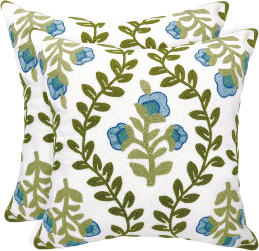 Alysheer Floral Embroidered Summer Decorative Throw Pillow Covers 18"x 18" Set of 2, Farmhouse Blue Flowers Green Vines Patterned Cotton Cushion Cases for Couch Bed Living Room Cottage Decor