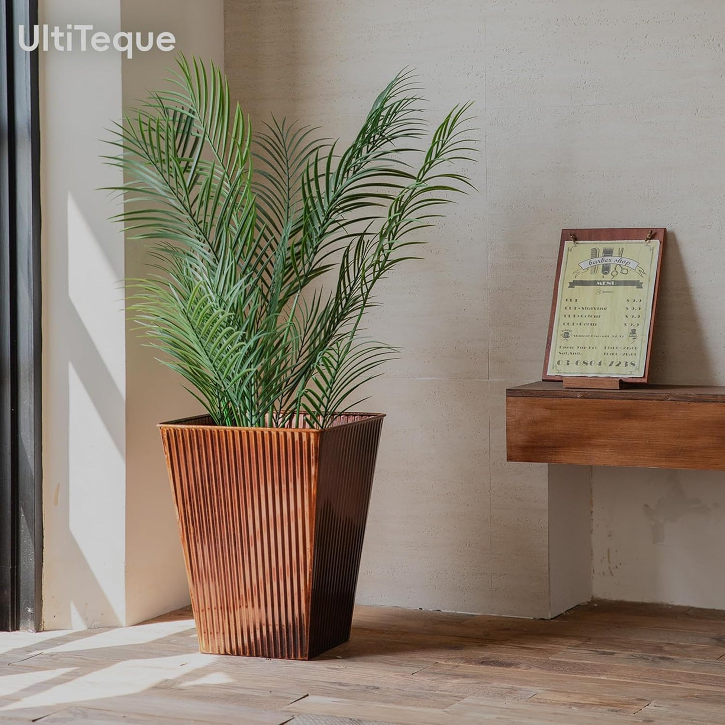 18in Vintage Handmade Metal Vertical Lines Copper Tapered Planters Set of 2, Galvanized Steel Planter Box with Drainage Hole for Indoor/Outdoor/Porch/Garden