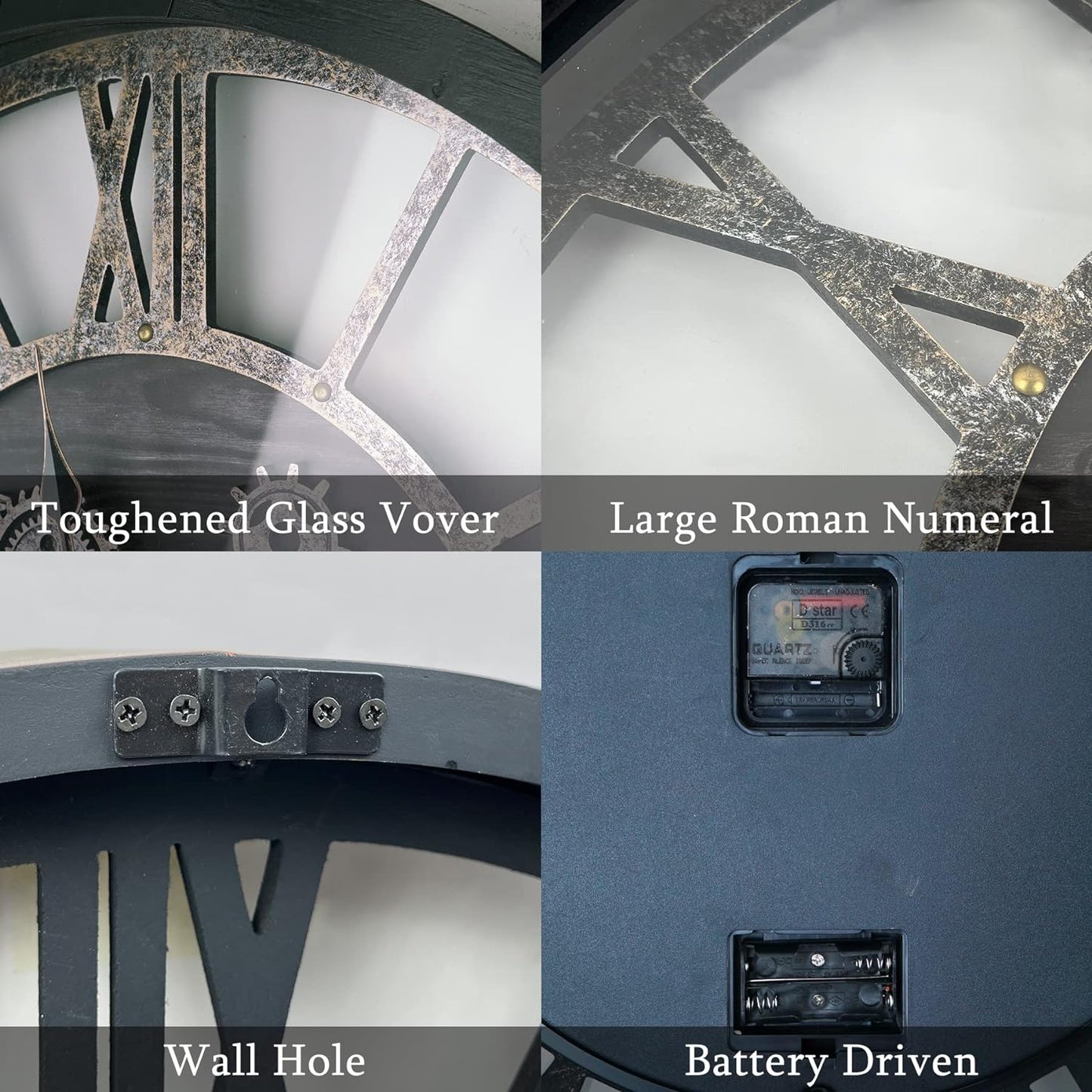 36 Inch Moving Gear Wall Clock, Oversized Wall Clocks, Clock Living Room Decor, Solid Wood Frame, Battery Operated, Large Wall Clock with Steampunk Industrial for Fireplace(Black)