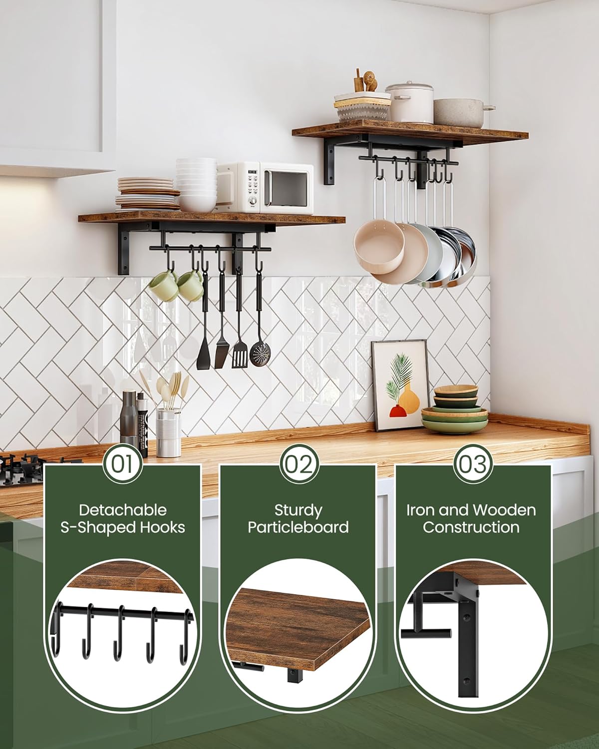 Wall-Mounted Pot Racks, Set of 2 Hanging Pot Rack, Floating Shelves, Wall Shelves, Vintage Pot Hangers for Kitchen, Wall Rack for Kitchen Storage, Rustic Brown and Black TPR26P2BF