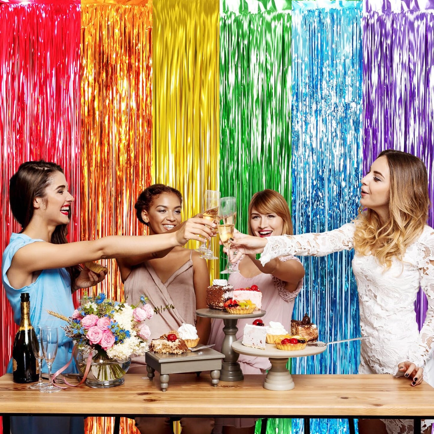 GOER 6.5 ft x 8.2 ft Metallic Tinsel Foil Fringe Curtains,Pack of 2 Party Streamer Backdrop for Birthday,Graduation Decorations and New Year Eve (Rainbow Colors)