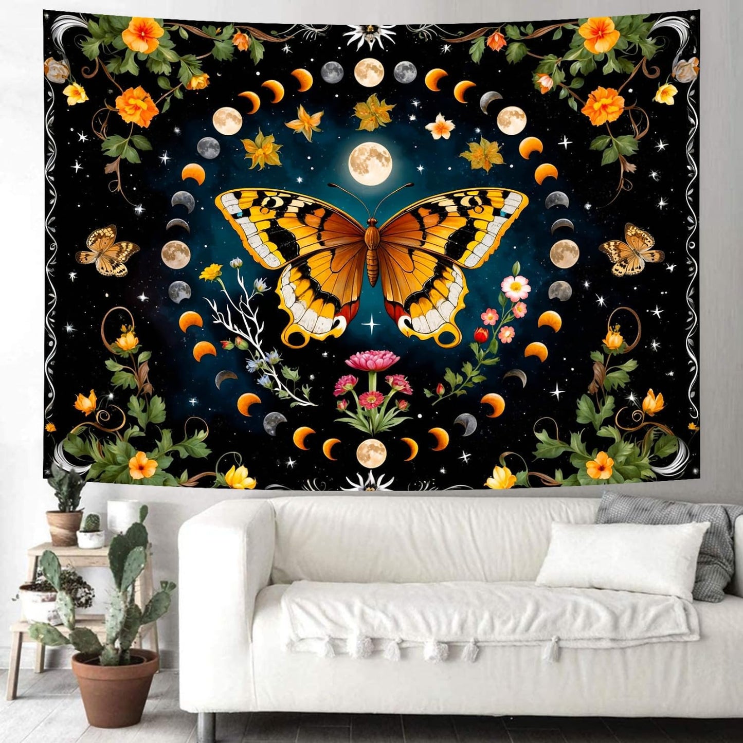 Delur Butterfly Moon Flower Tapestry Botanical Floral Plant Boho Tapestry Wall Hanging Mandala Aesthetic Mushroom Retro Vintage Headboard for Bedroom Living Room Home Decor (59.1" x 78.7")