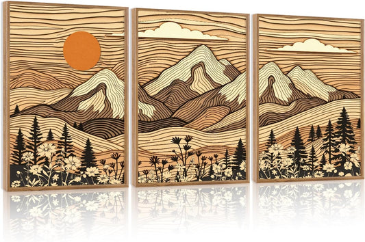 HPNIUB Mountain Framed Canvas Wall Art, Vintage Pine Tree Wall Decor, Country Wilderness Forest Wildflower Painting, Modern Nature Sun Art Prints for Living Room,Bedroom,Farmhouse- 16"x24"x3