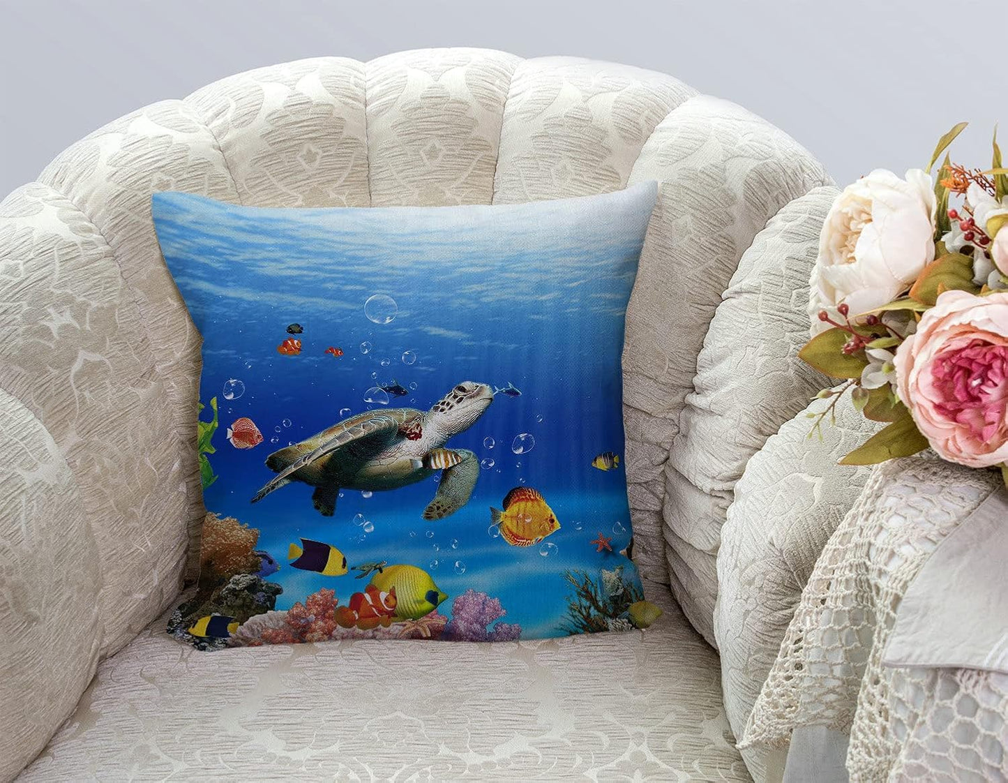 TSSOHU Ocean Underwater Marine Life Outdoor Throw Pillow Cover Sea World Animals Tropical Fish with Turtles Coral Decorative Pillows Farmhouse Cushion Cases Home Decor for Couch 18x18 inch