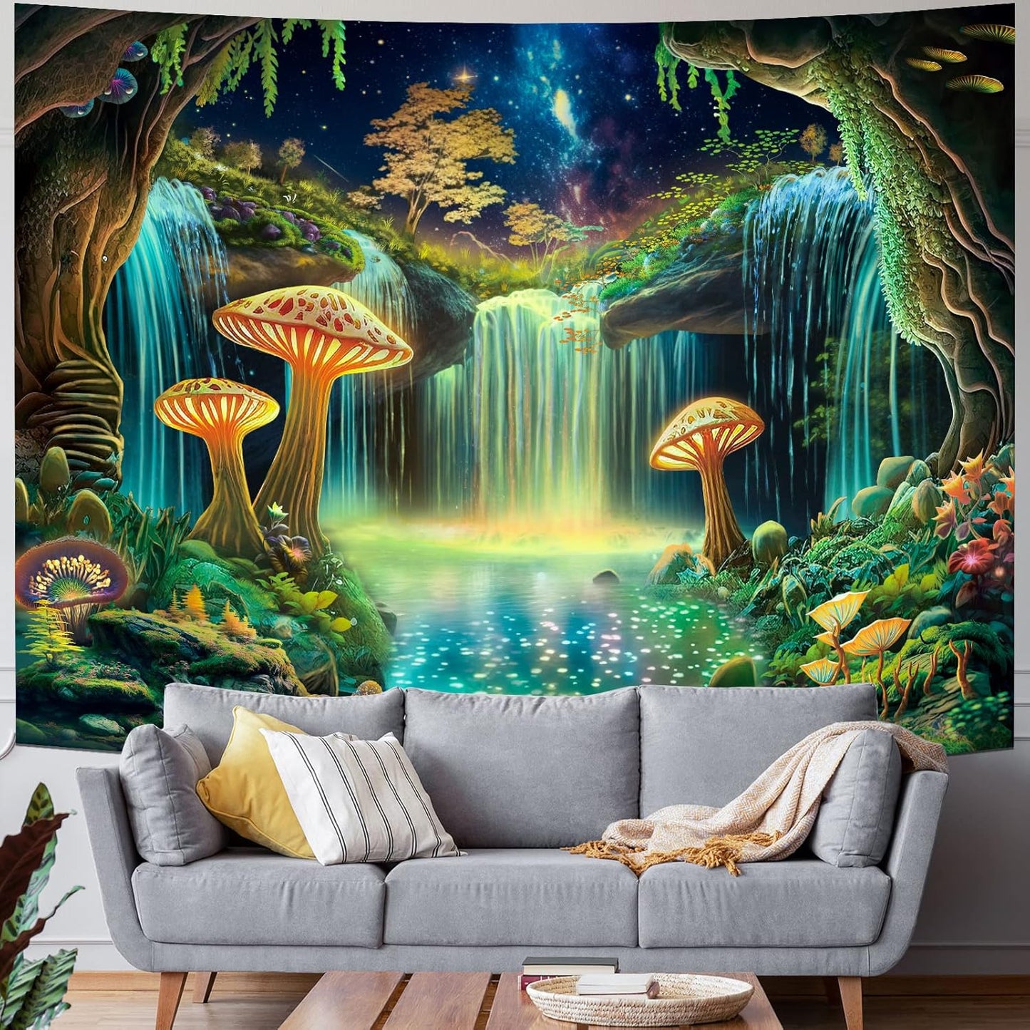Ameyahud Blacklight Fantasy Forest Tapestry UV Reactive Waterfall Tapestries Starry Sky Tapestry Neon Nature Plant Wall Hanging Decor for Home