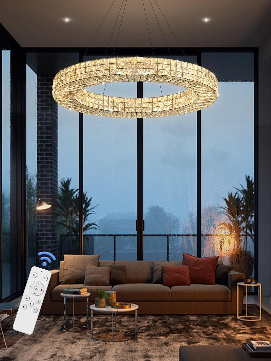 Dia 40" Modern Chandelier Ring Crystal Chandelier Adjustable Height Luxury Crystal Pendant Ceiling Light Fixture for Dining Living Room Bedroom