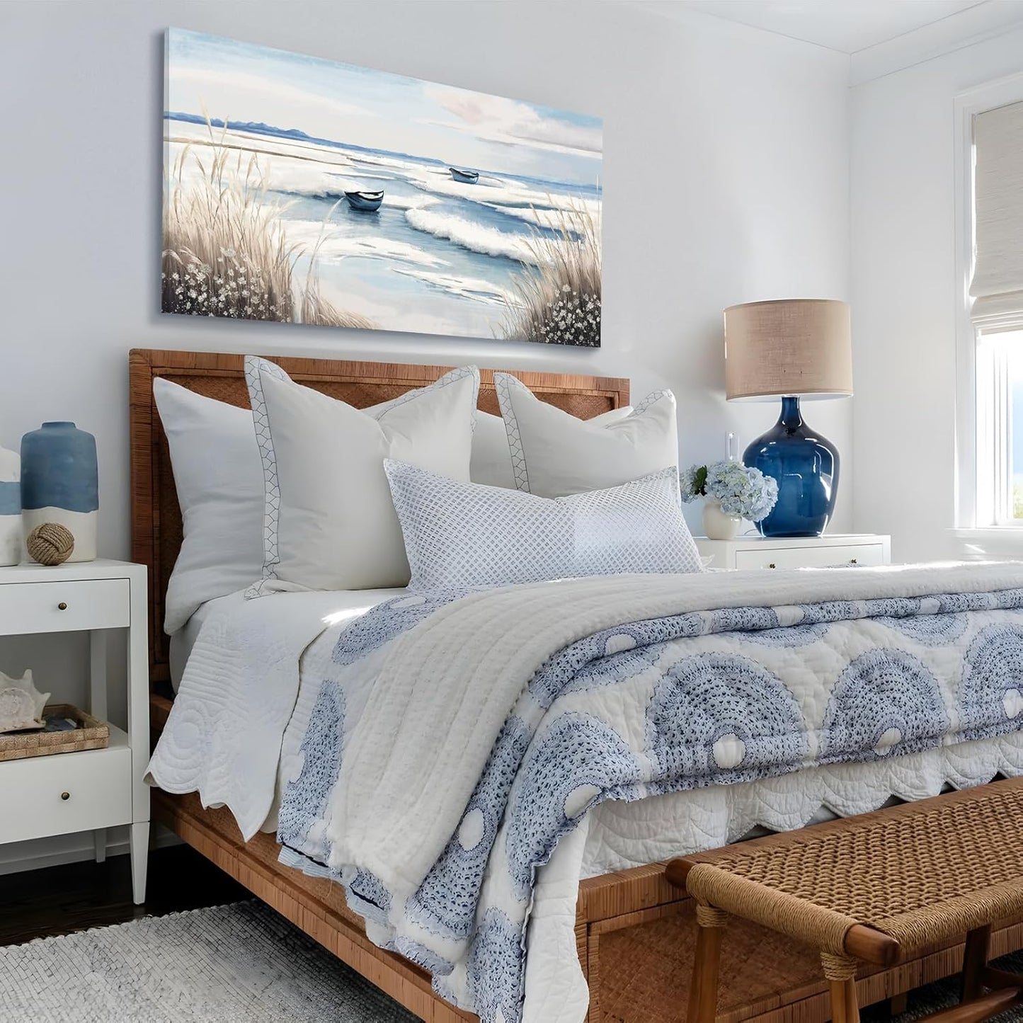 amatop Large Canvas Art Wall Decor for Bedroom Living Room –Rustic Coastal Ocean Artwork for Walls with Sailboat and Waves – Blue and White Nautical Beach Seascape Canvas Print 48x24 Inch