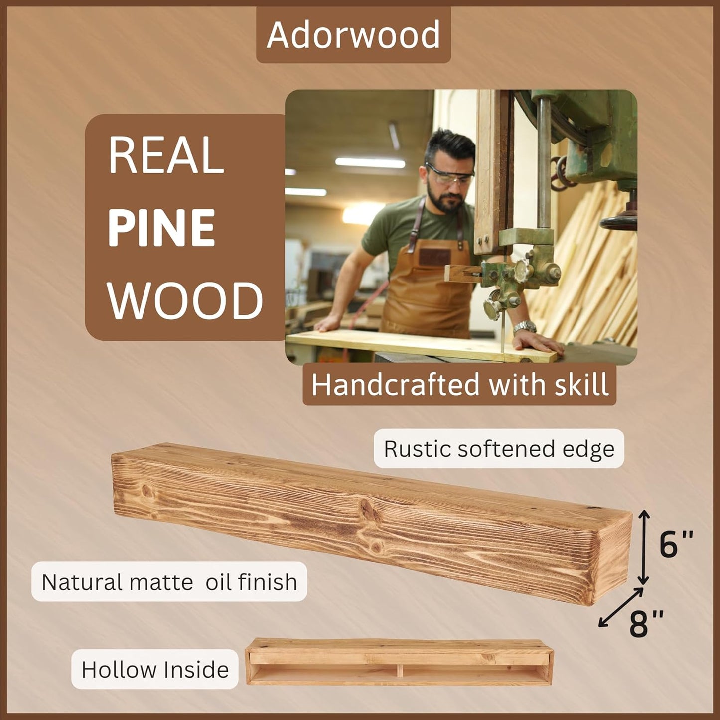 Handmade Fireplace Mantel Shelf 60", Rustic Wood Mantles for Over Fireplace, Wall Mounted Floating Mantel Shelves for Living Room Decor (Light Rustic, 60Lx6Hx8D)