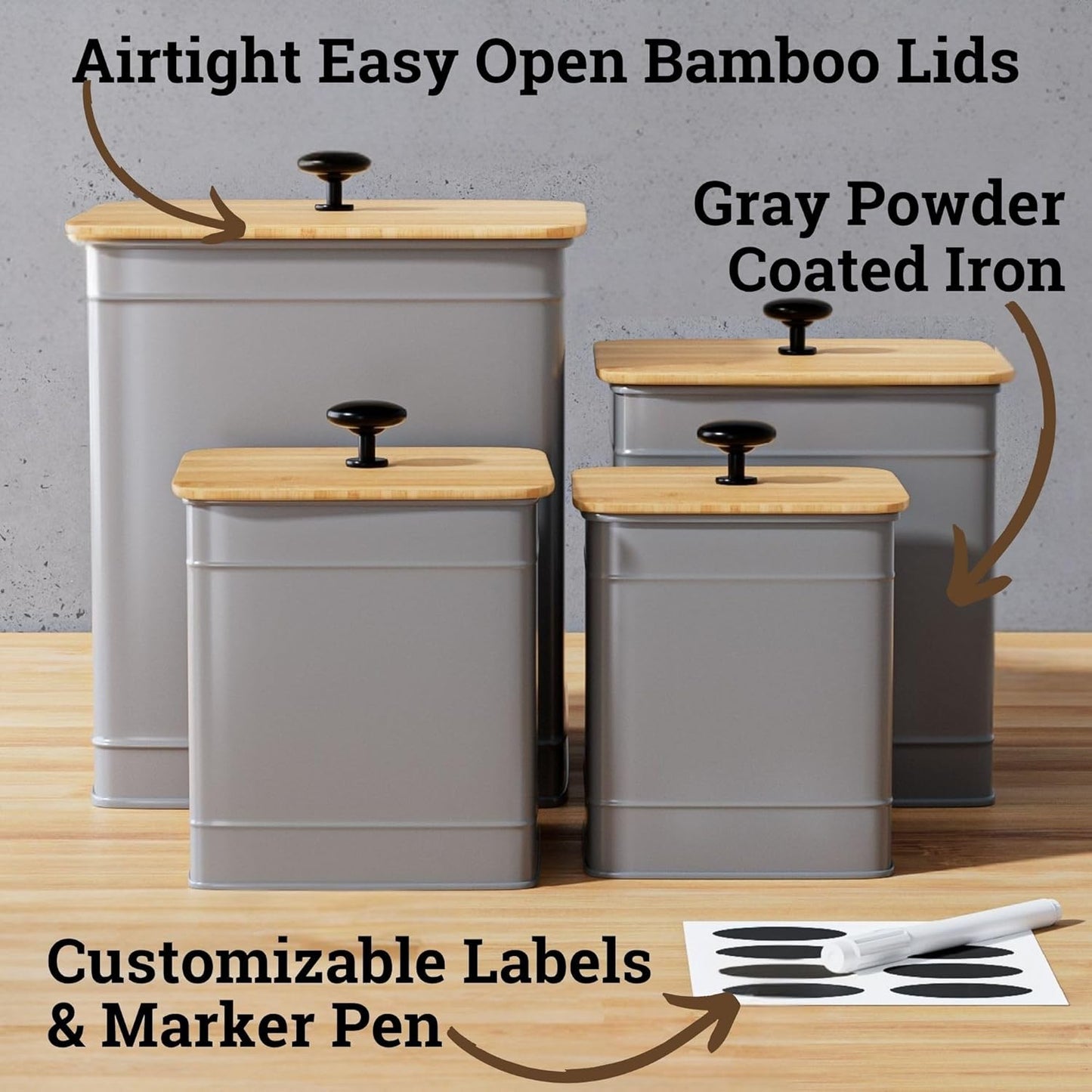 Kitchen Canisters for Countertop Set of 4 with Customizable Chalkboard Labels & Marker Pen - Big Iron Kitchen Canisters with Airtight Lids - Gray Canister Set - Flour and Sugar Containers Farmhouse