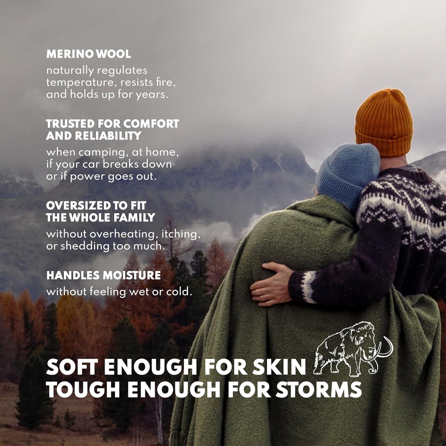 Woolly Mammoth Woolen Company Camping Wool Blanket - 66 in x 90 in Black & Cream Plaid - Heavyweight Merino Wool Outdoor Throw Blanket & Bedroll - Insulating Warm for Winter, Picnic & Travel