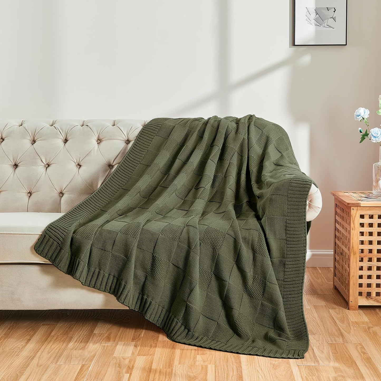 CozeCube Check Knit Throw Blanket, Olive Green Checkered Throw for Couch, Decorative Christmas Soft Cozy Warm Knitted Blanket for Bed Sofa Living Room, 60"X80"