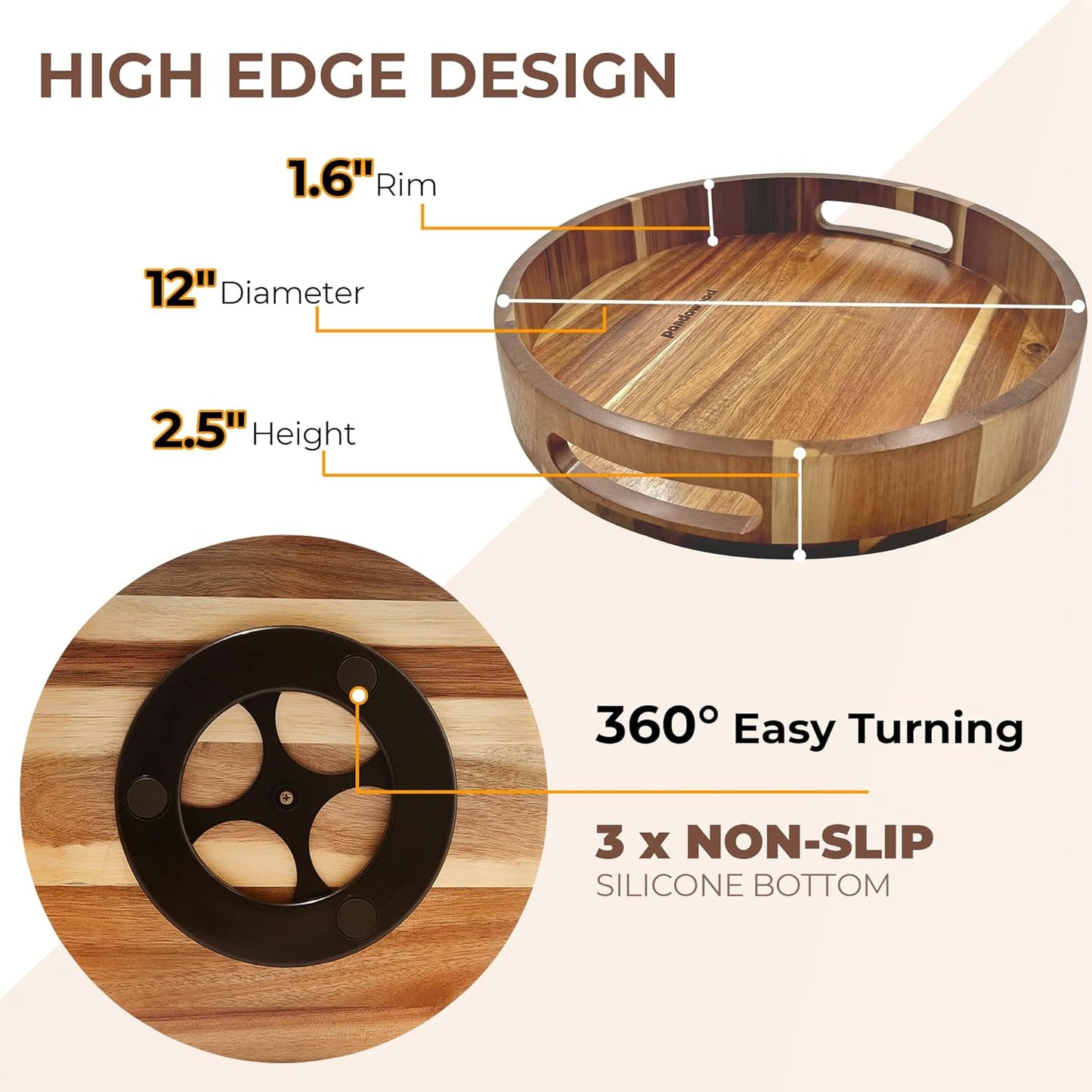 Lazy Susan for Table top 12 inch Wooden Large Lazy Susan Turntable Tray Organizer for Cabinet, Dining Table Centerpiece, Pantry, Kitchen Spice Cabinet Countertop Organizer, 100% Acacia Wood