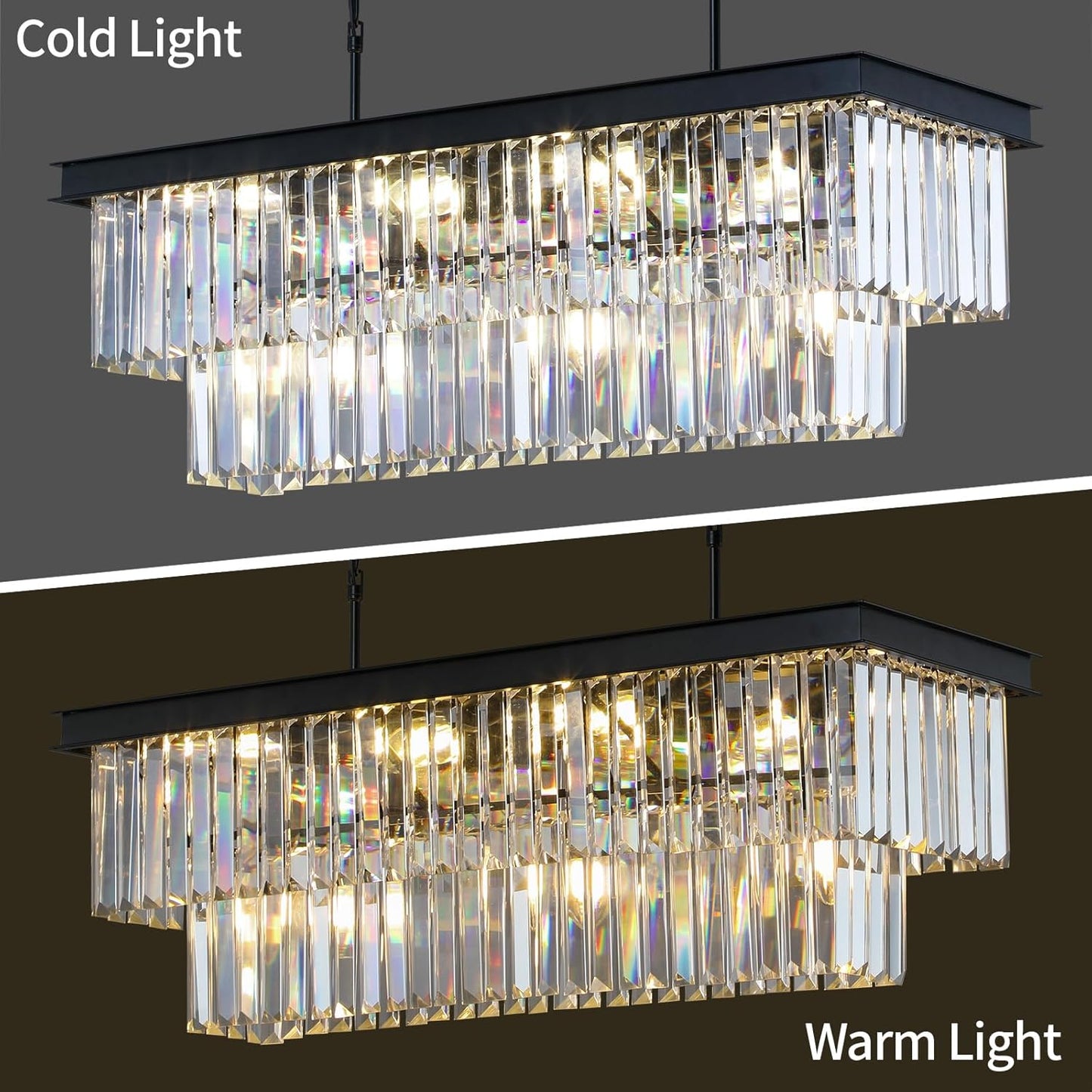 Crystal Chandeliers for Dining Room 11-Light Black Modern Chandelier Rectangle Contemporary Pendant Light Fixture for Kitchen Island Bar L33.5 Inch
