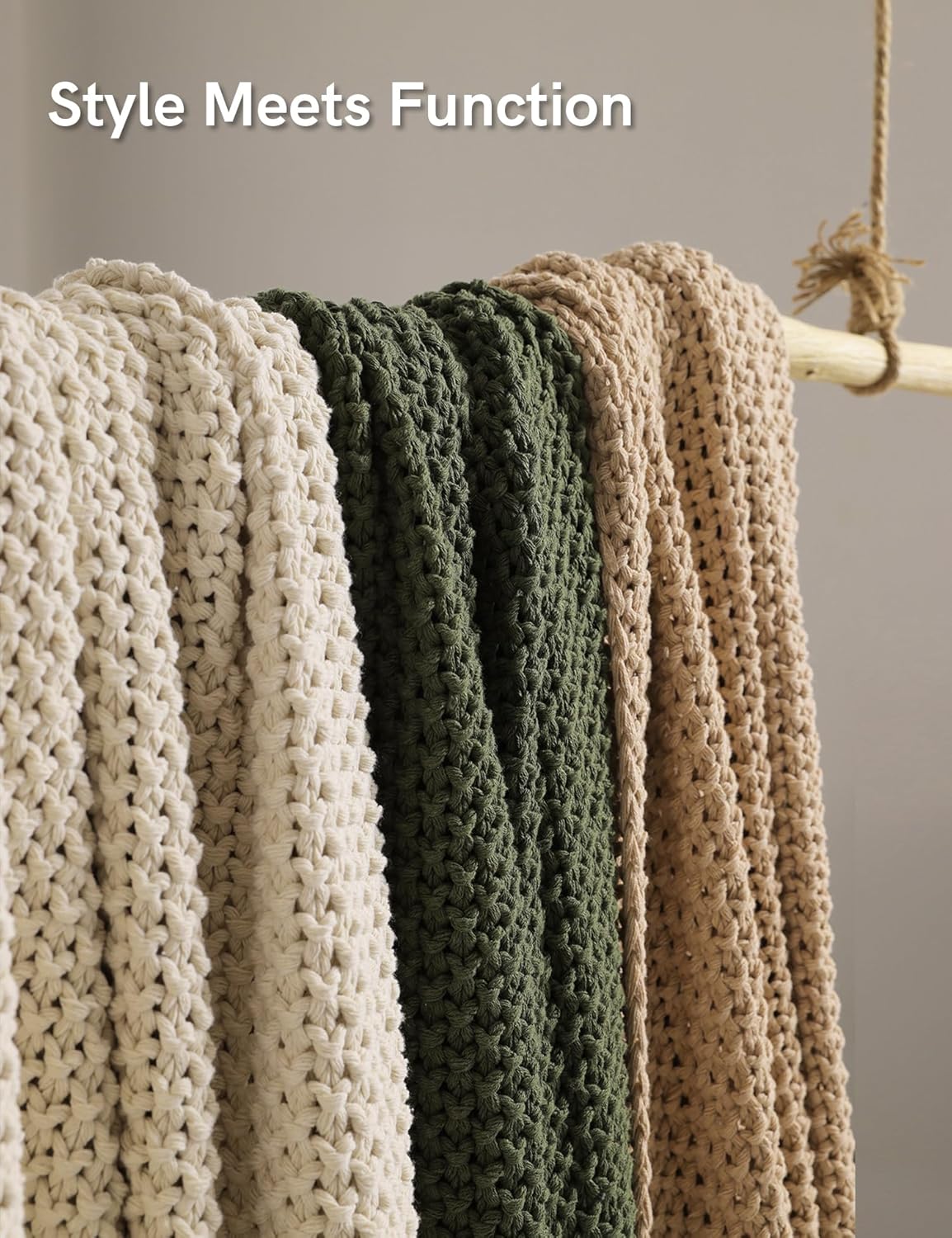 YnM Chunky Cotton Knit Throw Blanket, Cable Knit Throws for Bed Couch Sofa, Comfy & Relaxing, Decorative Piece for Farmhouse Modern Boho Rustic Scandinavian Chic Vibe, Beige 60x80 Inches