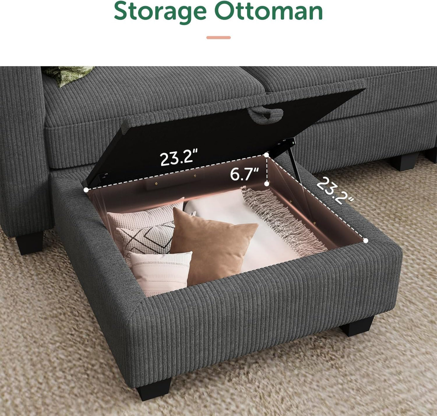 HONBAY Corduroy Sectional Sofa with Storage, U Shape Modular Sectional Sofa with Chaise, Modular Couches for Living Room, Dark Gray