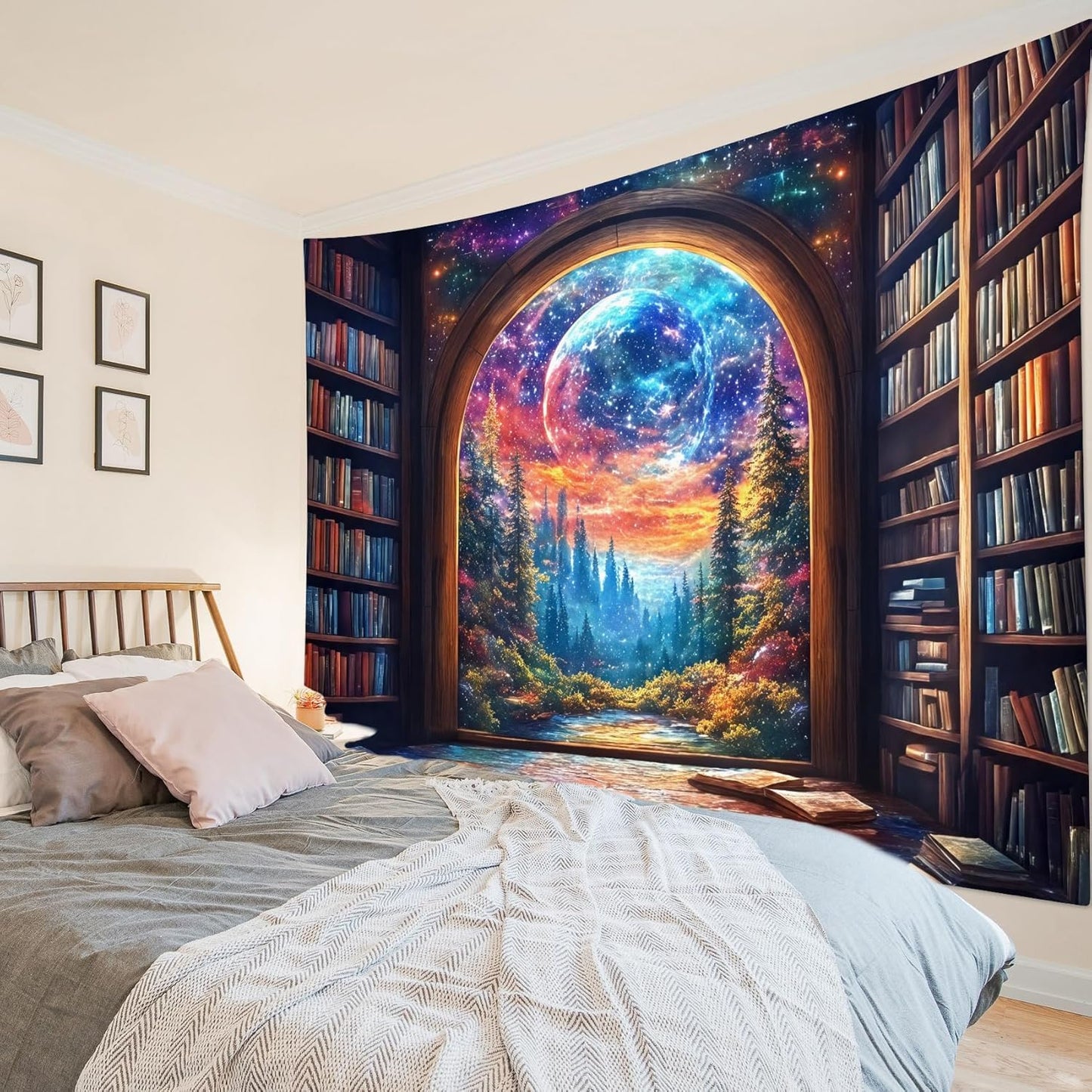 LB Fantasy Bookshelf Moon Tapestry, Forest Tree and Vintage Library Classroom Wall Tapestry for Bedroom, Galaxy Cool Wall Art for Living Room Dorm Home Decor Ready to Hanging, 60 x 40 Inches