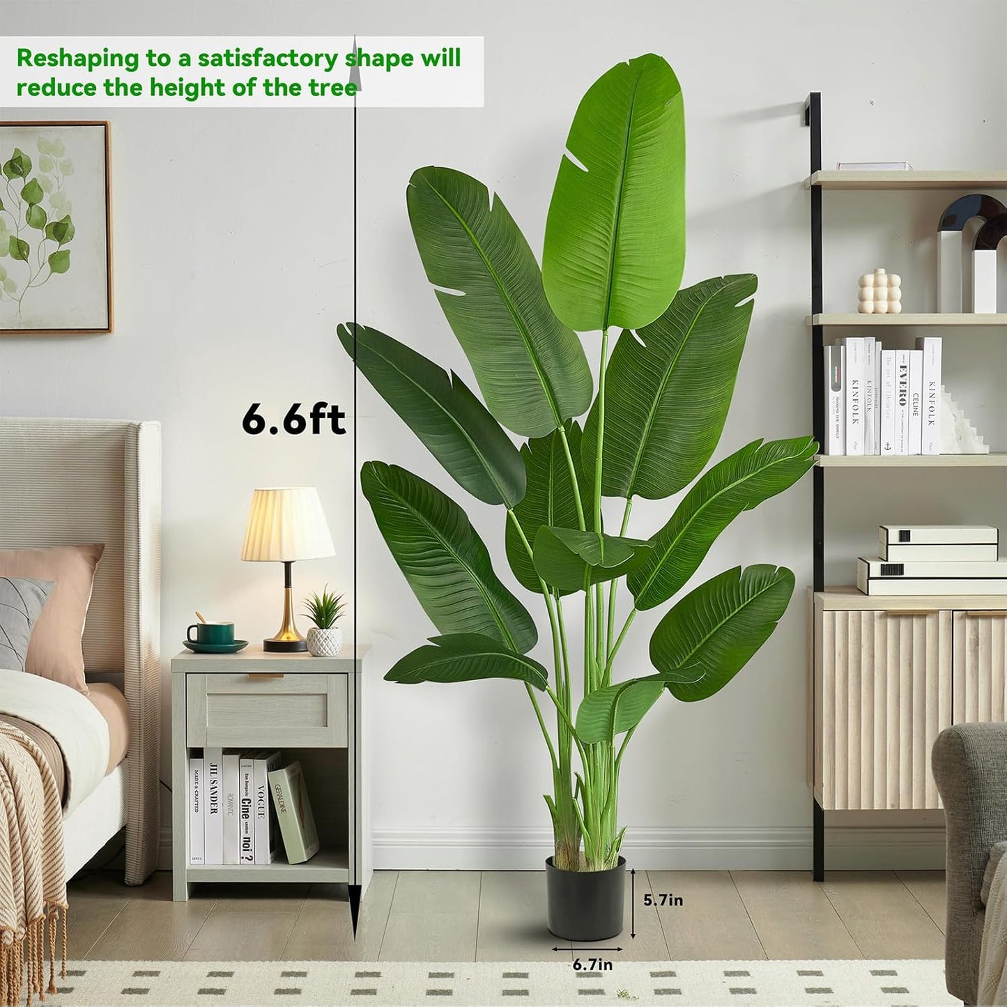 Faux Bird of Paradise Silk Artificial Plant Faux Banana Leaf Tree for Home Decor Indoor Floor Plant with 11 Trunks (1, Black Planter, 6.6 FT)