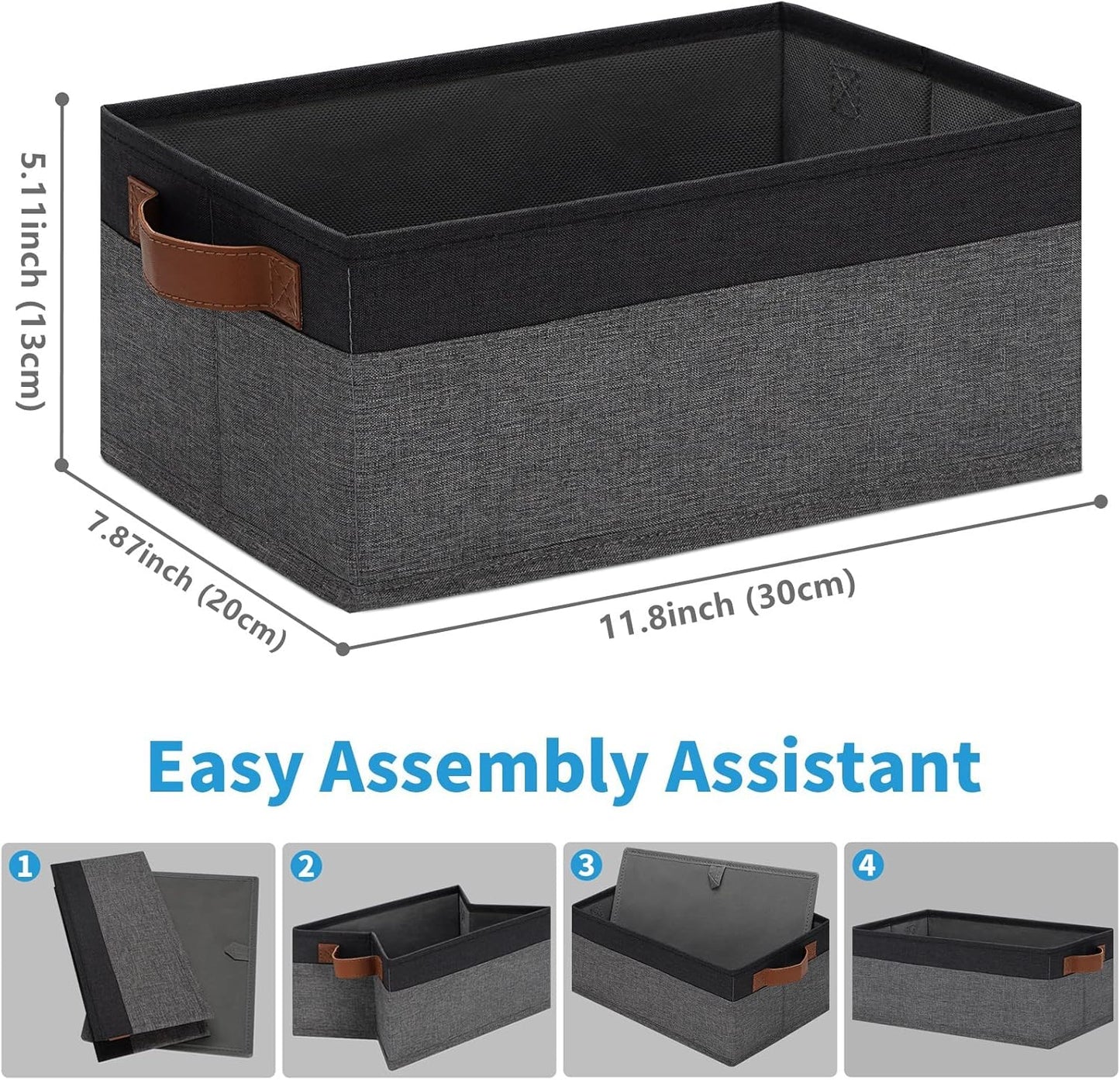 GhvyenntteS Small Fabric Storage Bins 12 Pack, 11.8" x 7.87" x 5.11" Storage Basket with Leather Handles, Closet Storage Bins for Shelves, Storage Baskets for Shelves, DVD Storage (Grey/Black)