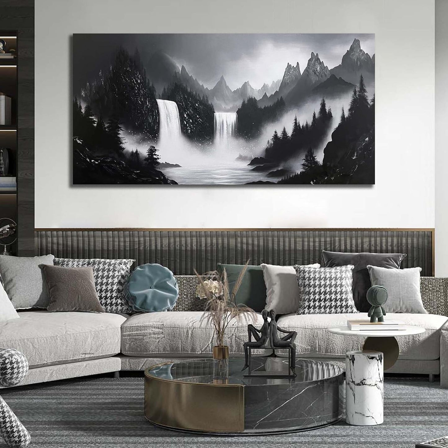 Mountain Hand Painting Wall Decor For Living Room - Extra Large Waterfall Pictures Wall Art For Office - Landscape Canvas Wall Art For Bedroom Size 36 x 72 Inch