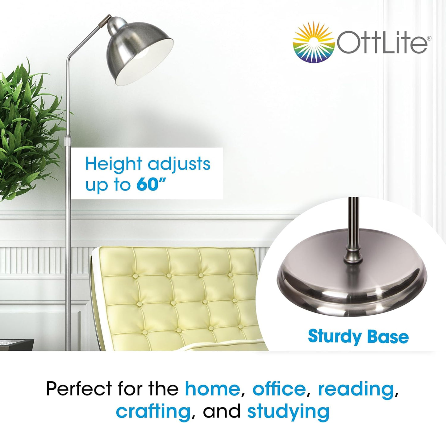 OttLite Covington Floor Lamp - Brushed Nickel, Adjustable Modern & Contemporary LED Light