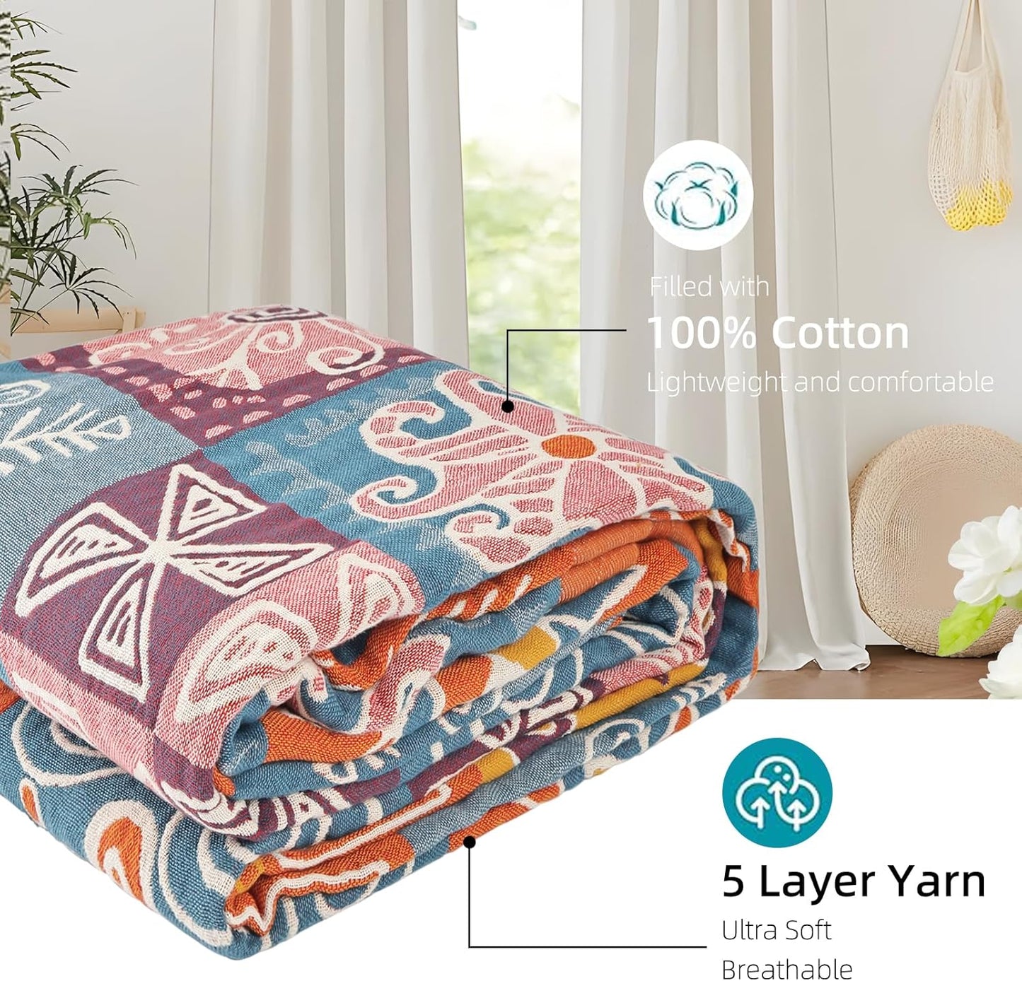 Boho Throw Blanket for Bed - 100% Pure Cotton Ultra Soft Rustic Quilt - Farmhouse Decor Bed Blankets, All Season Rustic Throw for Sofa Couch Chair(60"×80", Art Squares)