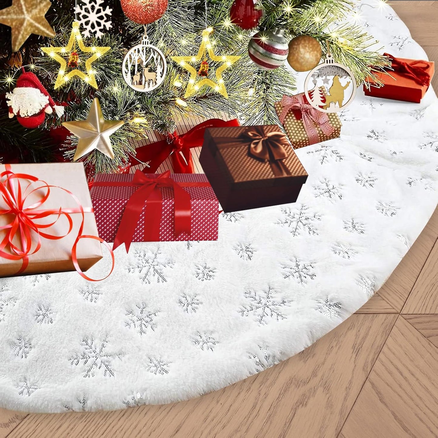 36inch White Christmas Tree Skirt Tree Carpet Blanket, Soft 3ft Xmas Christmas Tree Blanket with Silver Snowflake White Faux Fur Carpet for Christmas Holidays Decoration Party