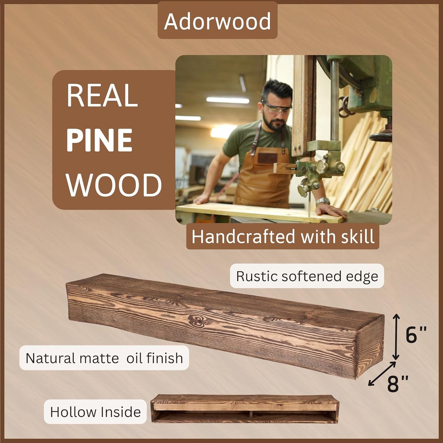 Handmade Fireplace Mantel Shelf 48", Extra Wide Rustic Wood Mantles for Over Fireplace, Wall Mounted Floating Mantel Shelves for Living Room Decor (Dark Rustic, 48Lx6Hx8D)