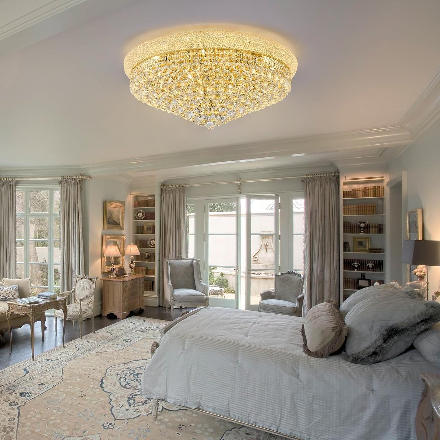 18-Light 32 inch Large Crystal Chandelier Flush Mount Ceiling Light Fixture for Living Room Dining Room Bedroom Foyer Entryway Gold Finish