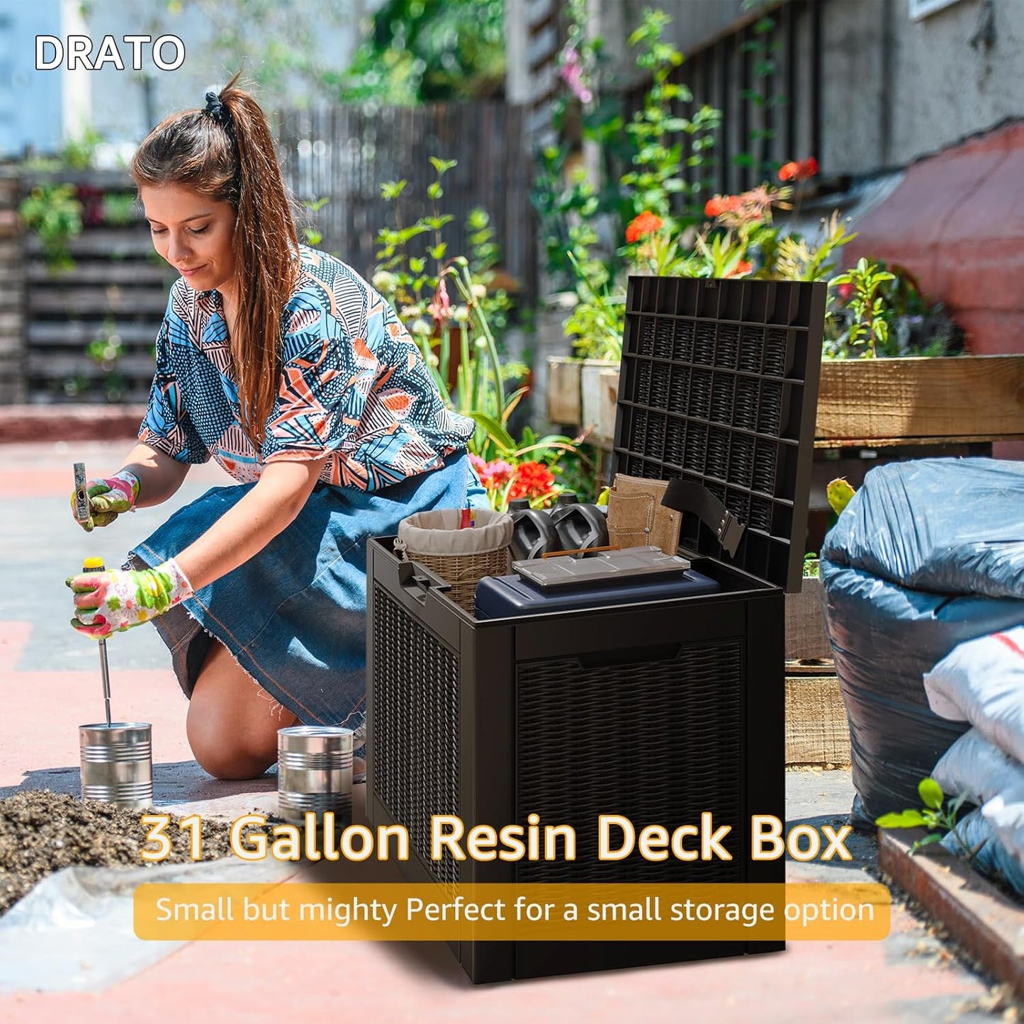 DRATO 31 Gallon Deck Box, Outdoor Storage Box for Patio Cushion, Sports Equipment, Garden Tools, Waterproof Resin Storage Box (Black)