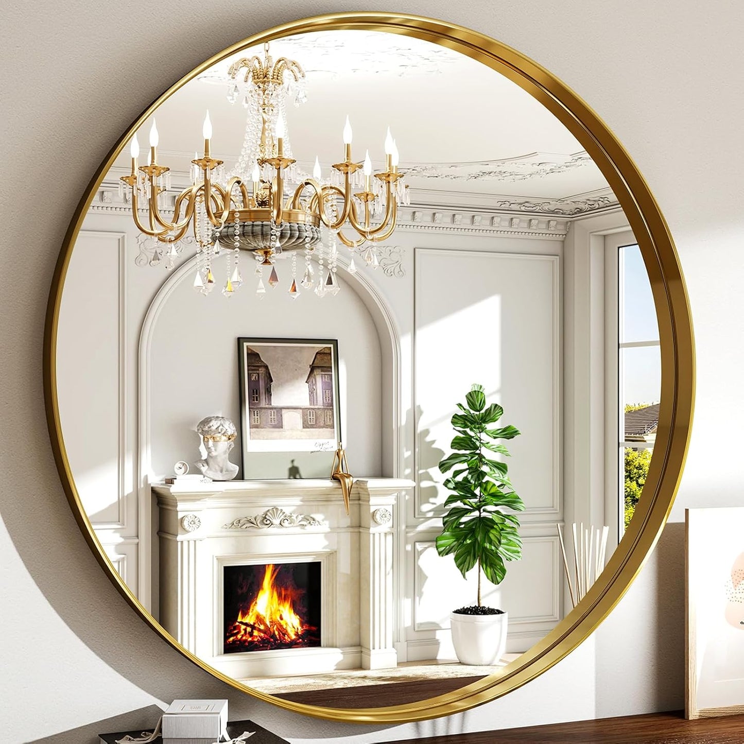 36 Inch Round Bathroom Mirror - Wall Mounted Circle Mirror with Metal Frame, Modern Mirror Suitable for Bathroom, Vanity, Entryway, Living Room, Wall Decor,Gold
