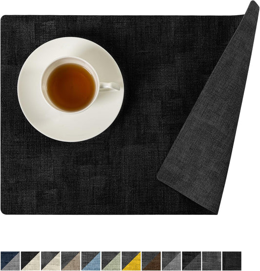 Romanstile Reversible Vinyl Placemats Set of 4, Faux Leather 100% Waterproof Oil-Proof Wipeable Place Mats, Heat Resistant Dual Sided Table Mats for Kitchen/Dining/Party (Grey Black, 12 x 17 Inch)