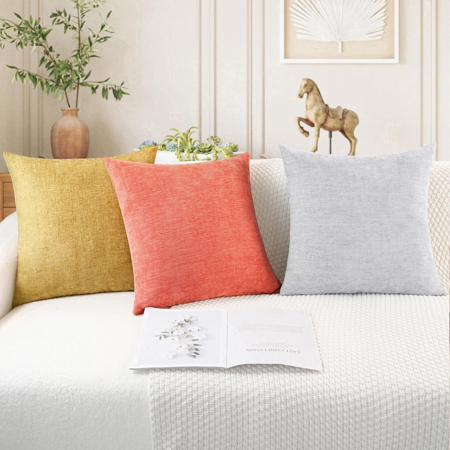 CaliTime Throw Pillow Covers Decorative 20 X 20 Inches Pack of 2 Cozy Chenille Cushion Cases for Couch Sofa Bed Living Room Home Living Coral