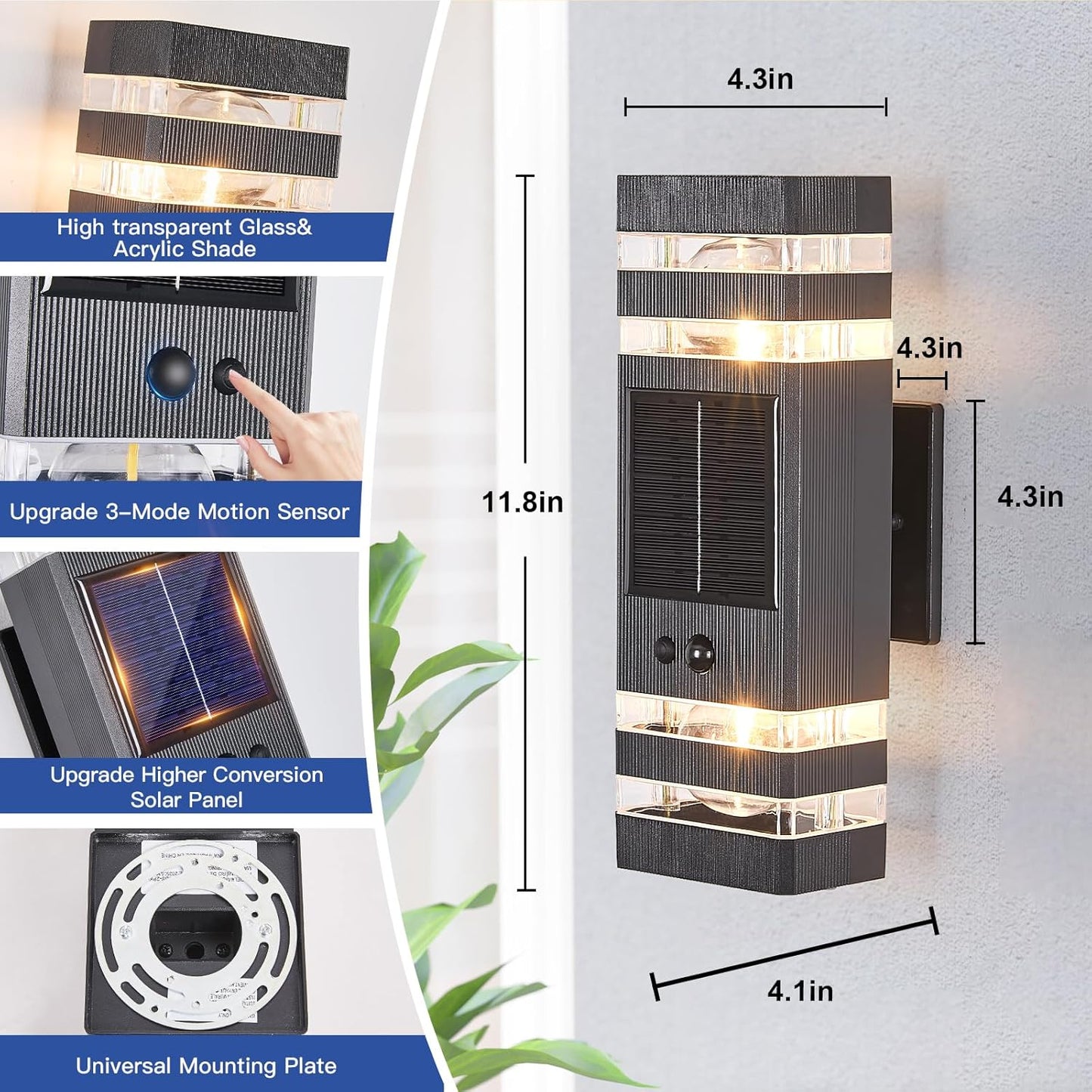 2 Pack Solar Outdoor Wall Lights with 3-Mode Motion Sensor Outside Sconces Up Down Solar Porch Light Fixtures 3000K 500LM Dusk to Dawn Modern Exterior Wall Lamp for House Garage Front Door