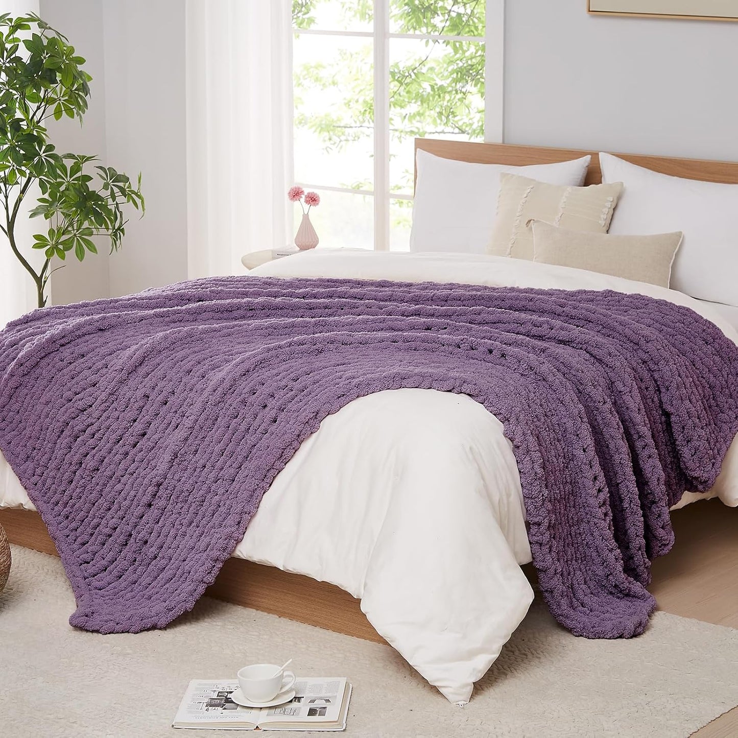 L'AGRATY Chunky Knit Blanket Throw: 60''x80'' Chenille Chunky Knitted Throw Blanket for Bed Couch - Handmade Thick Big Cable Knit Blanket - Large Crochet Rope Blanket for Home Decor(Deep Purple)