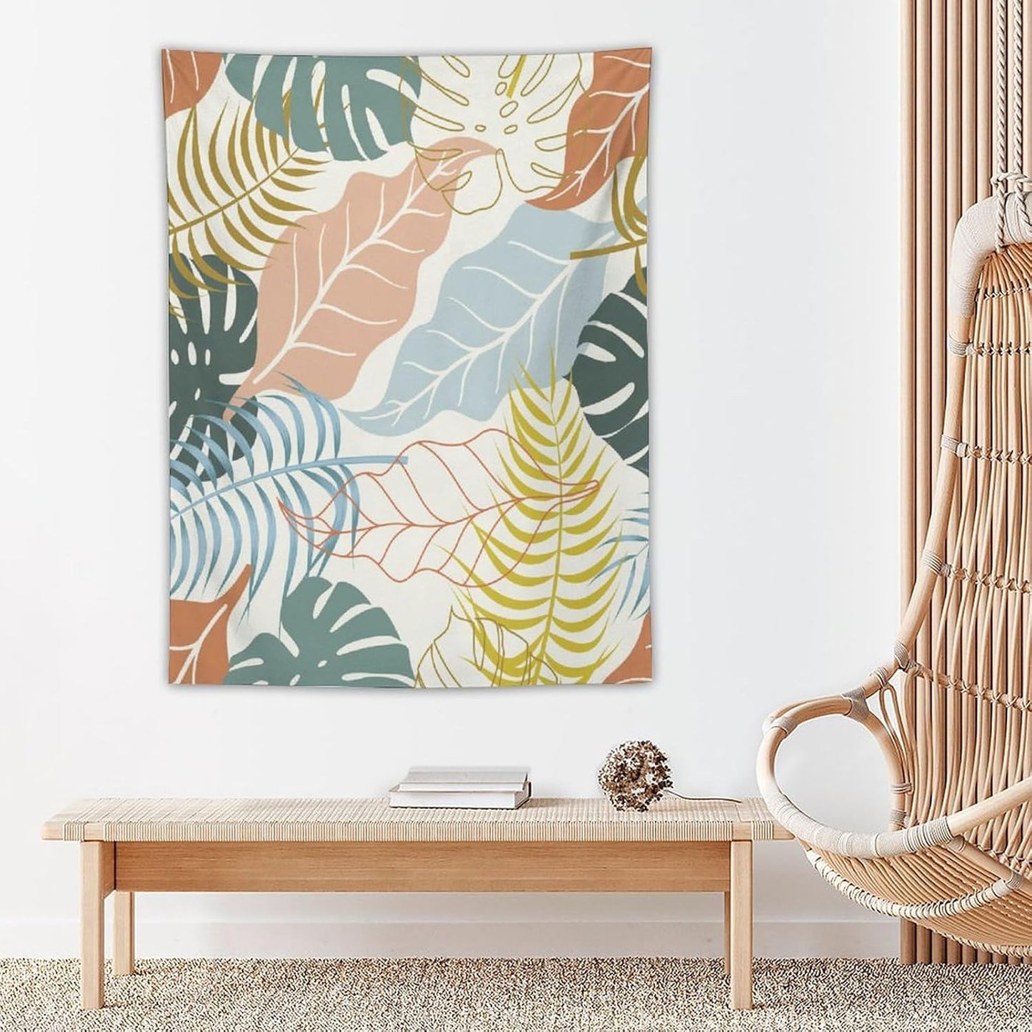 ICMOLYYENLO Boho Green Leaves Tapestry, Mid Century Abstract Tropical Palm Leaves Modern Minimalist Geometric Wall Hanging, Neutral Home Decor Art for Living Room Bedroom Dorm 60x80 Inch
