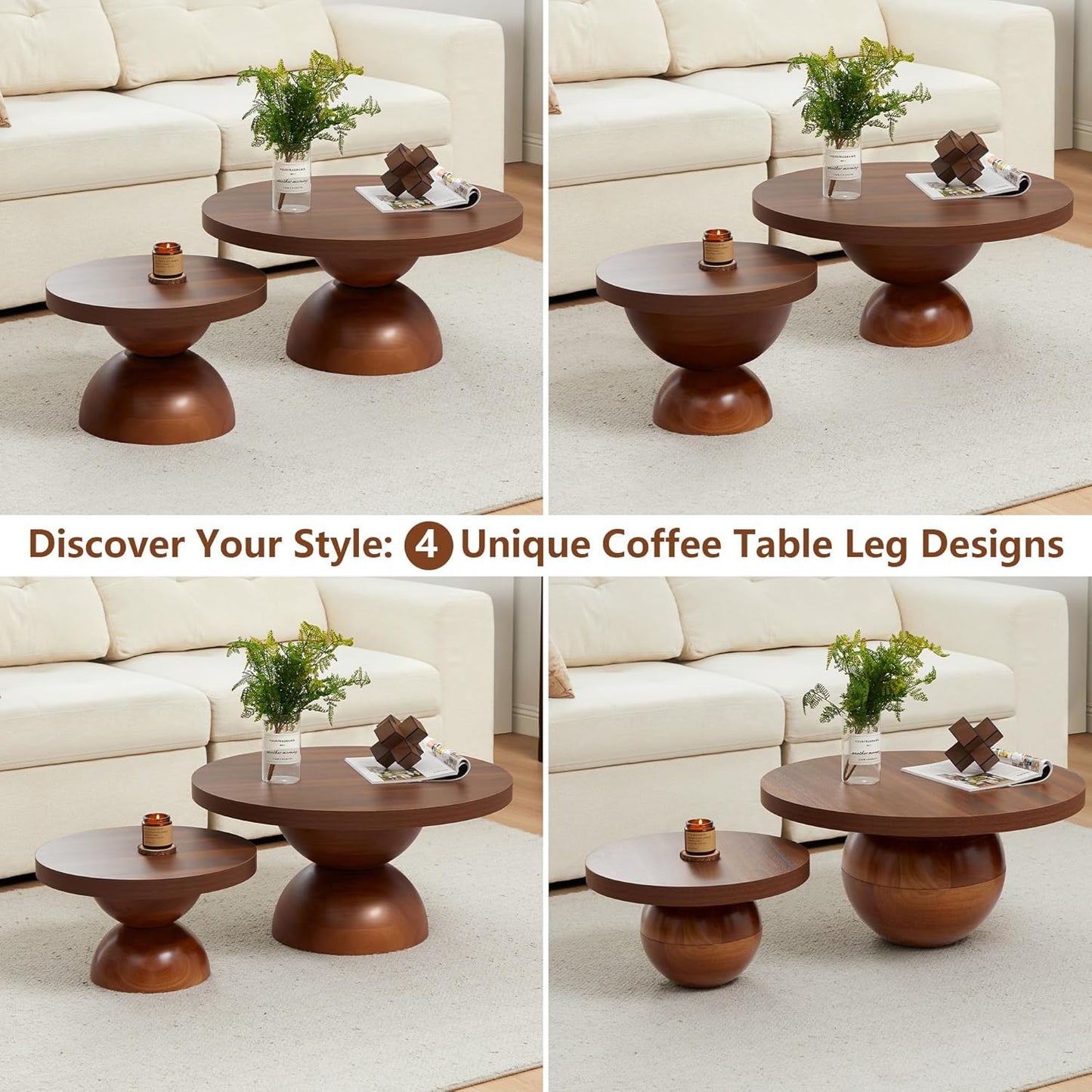 Solid Wood Round Nesting Coffee Table Set of 2, Circle Accent Tables with Unique Semi-Circular Legs, Modern Farmhouse Side End Table Set for Small Space Living Room Office (Walnut)