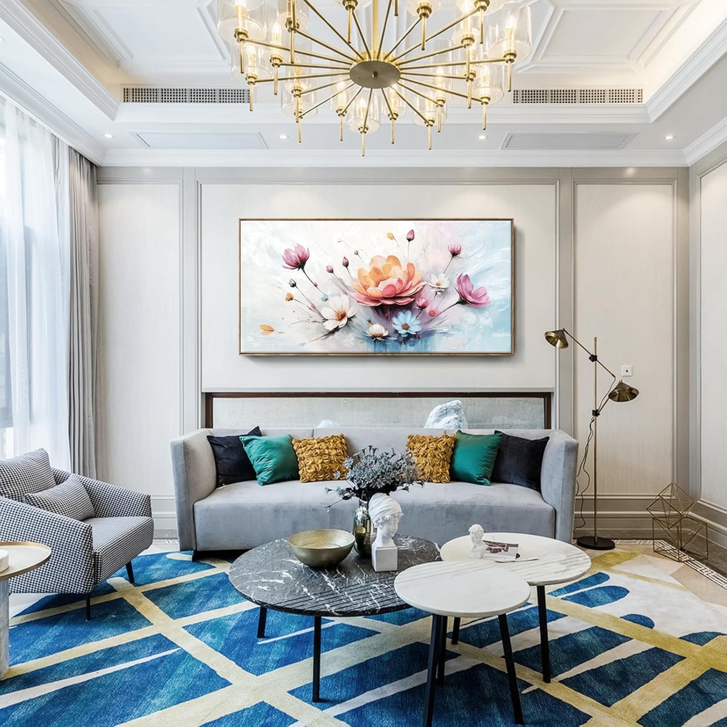 amatop Framed Floral Canvas Wall Art – Oversized Pink Blue Abstract Bloom Flower Print Daisy & Peony Picture Elegant Botanical Nature Large Artwork for Living Room Bedroom Dining Entryway Decor 58x29 inch