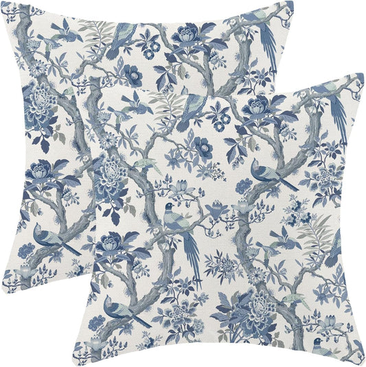 CXMEIFLY Spring Pillow Covers 18 x 18 Inch Set of 2 for Navy Blue Chinoiserie Flowers Bird Decor Throw Pillows Vintage Floral Plant Outdoor Decorative Cushion Cases for Couch Bed Decorations