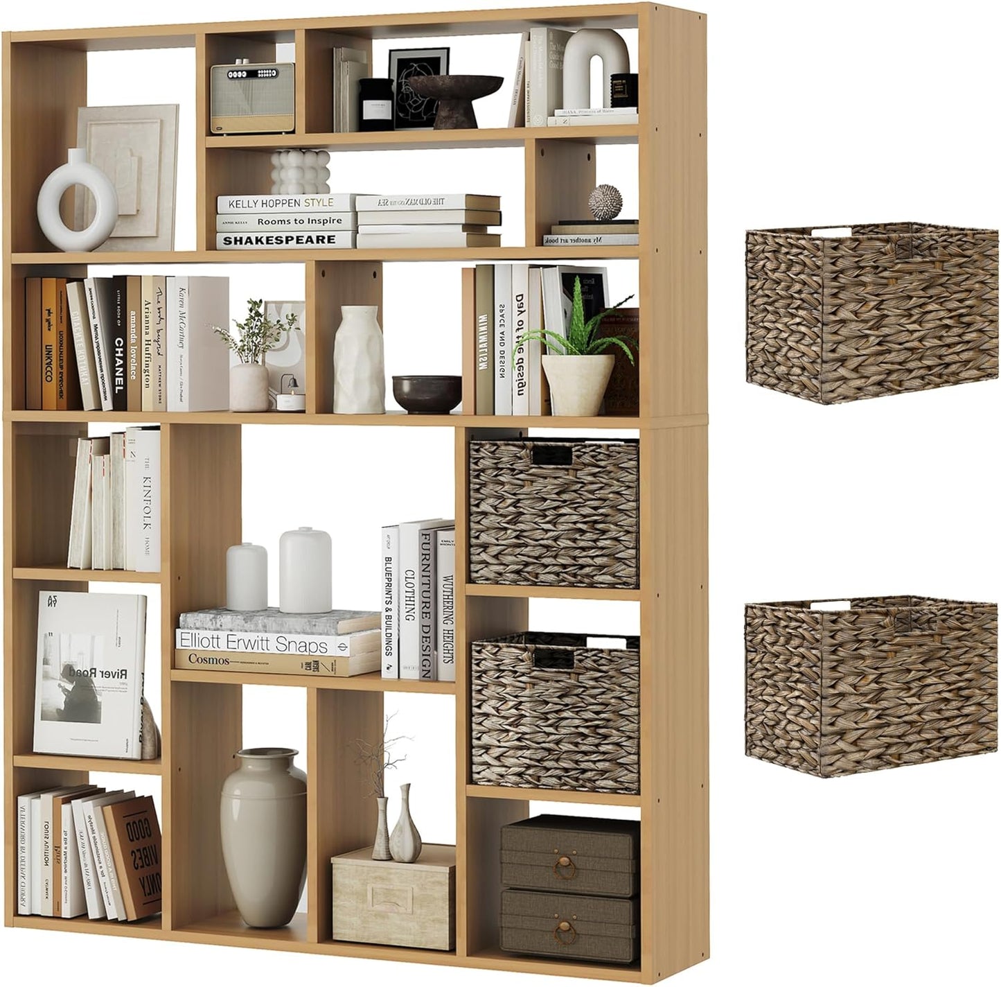 71" Tall 6-Tier Heavy Duty Bookcase with 2 Foldable Storage Baskets, 55" Wide Open Bookshelf with 16 Irregular Cubes for Living Room, Office （Yellow）