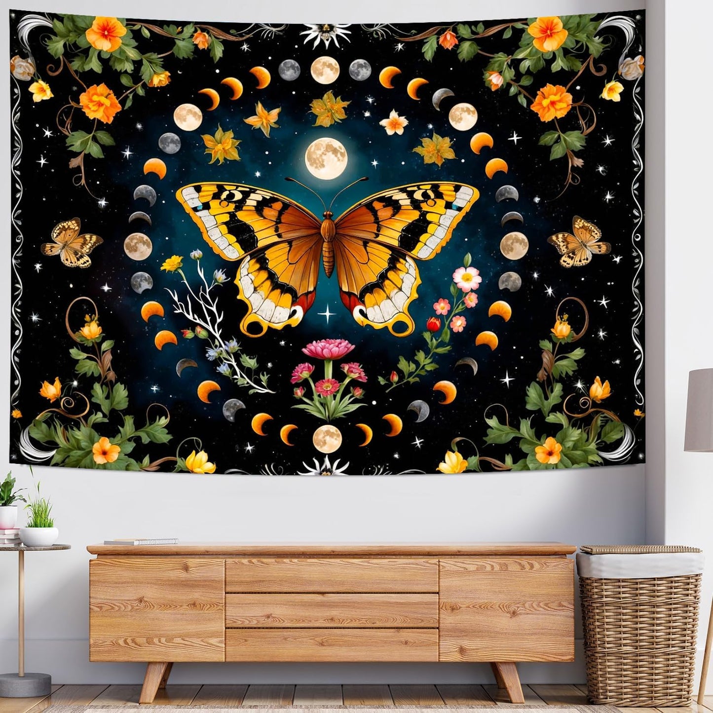 Delur Butterfly Moon Flower Tapestry Botanical Floral Plant Boho Tapestry Wall Hanging Mandala Aesthetic Mushroom Retro Vintage Headboard for Bedroom Living Room Home Decor (59.1" x 78.7")
