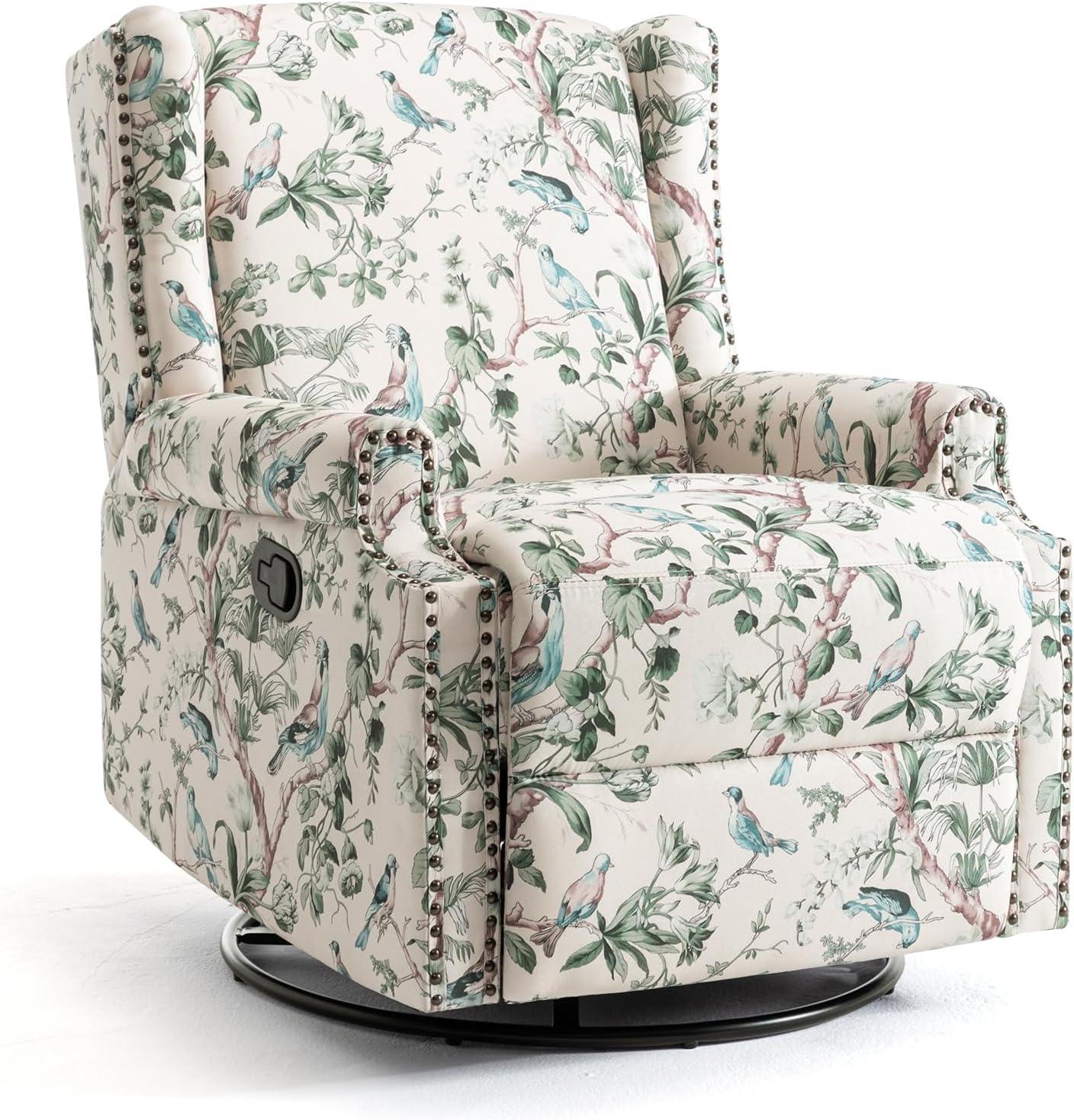 UIXE Swivel Rocker Manual Recliner Chair, Wingback Swivel Glider Fabric Nursery Reclining Sofa Chair, High Back Upholstered Arm Chair for Living Room Bedroom - Bird Pattern