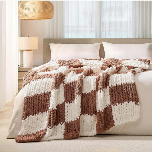 L'AGRATY Chunky Knit Blanket Throw: 50''x60'' Chenille Chunky Knitted Throw Blankets for Bed Couch - Handmade Thick Cable Knit Blanket - Large Crochet Rope Blankets for Home Decor(Brown Checkered)