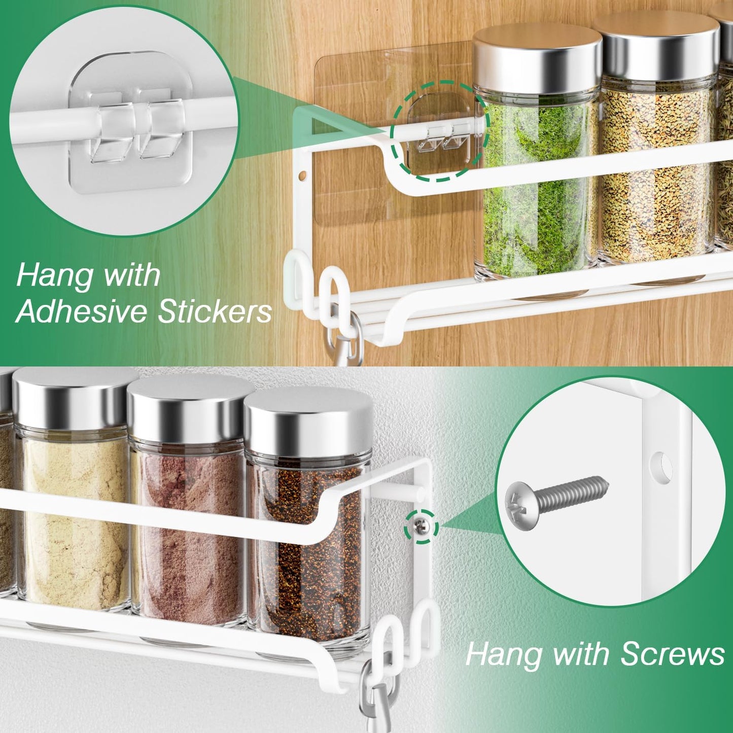 LUCYCAZ 8 Pack Wall Mounted Spice Rack with 16 Hooks, Spice Organizer Shelf for Stove Cabinet Pantry Door,Screw or Adhesive Spice Shelf Hanging Wall Spice Rack in Kitchen and RV (White, 8 PACK)