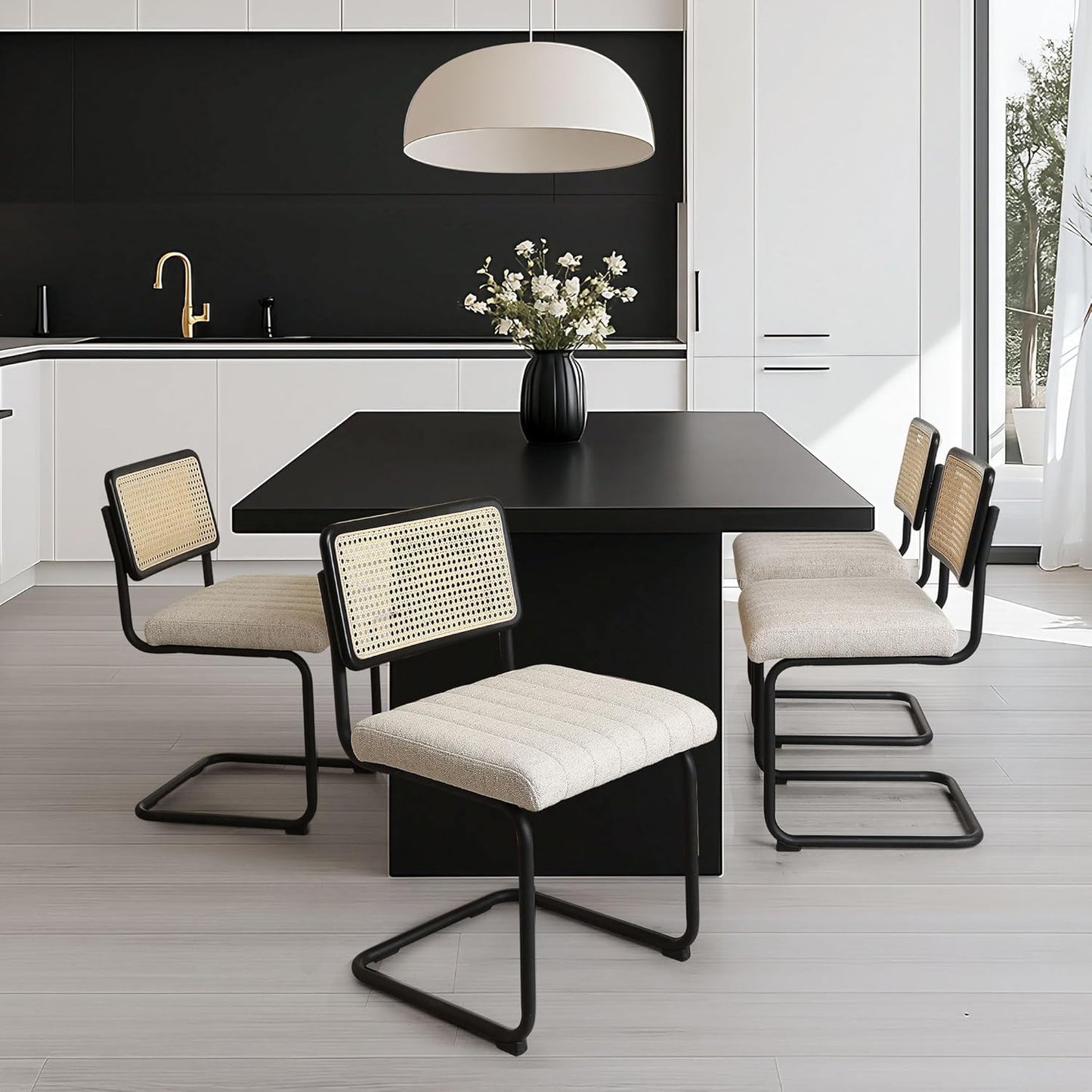 Natural Rattan Dining Chairs Set of 2, Modern Kitchen Chairs with Solid Wood Back, Upholstered Cesca Side Chairs with Comfy Linen Cushion