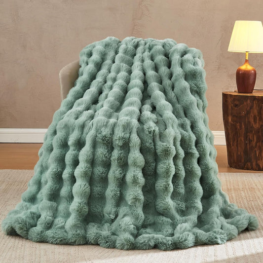 Lotus Karen Faux Fur Throw Blanket Sage Green - Big Bubble Rabbit Fluff Blanket for Couch Bed Sofa,Softest Fluffy Fuzzy Cozy Blanket,Plush Thick Furry Shaggy Warm Blankets for Women,60x80 Inches