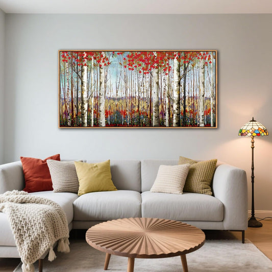 Large Framed Wall Art for Living Room Birch Tree Wall Decor Red Forest Painting Artwork Wall Decoration Nature Pictures Wall Art Fall Above Bed Wall Decor