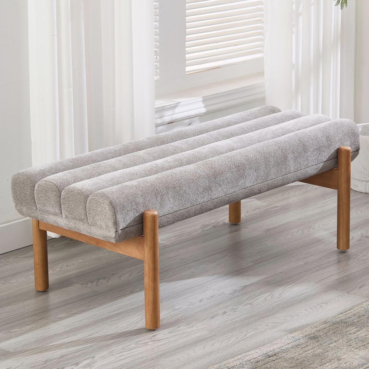 Upholstered Bench Grey Modern End of Bed Bench Chenille Fabric Bedroom Bench for Entryway Living Room Vanity Makeup Room, 47" Long, Wooden Legs
