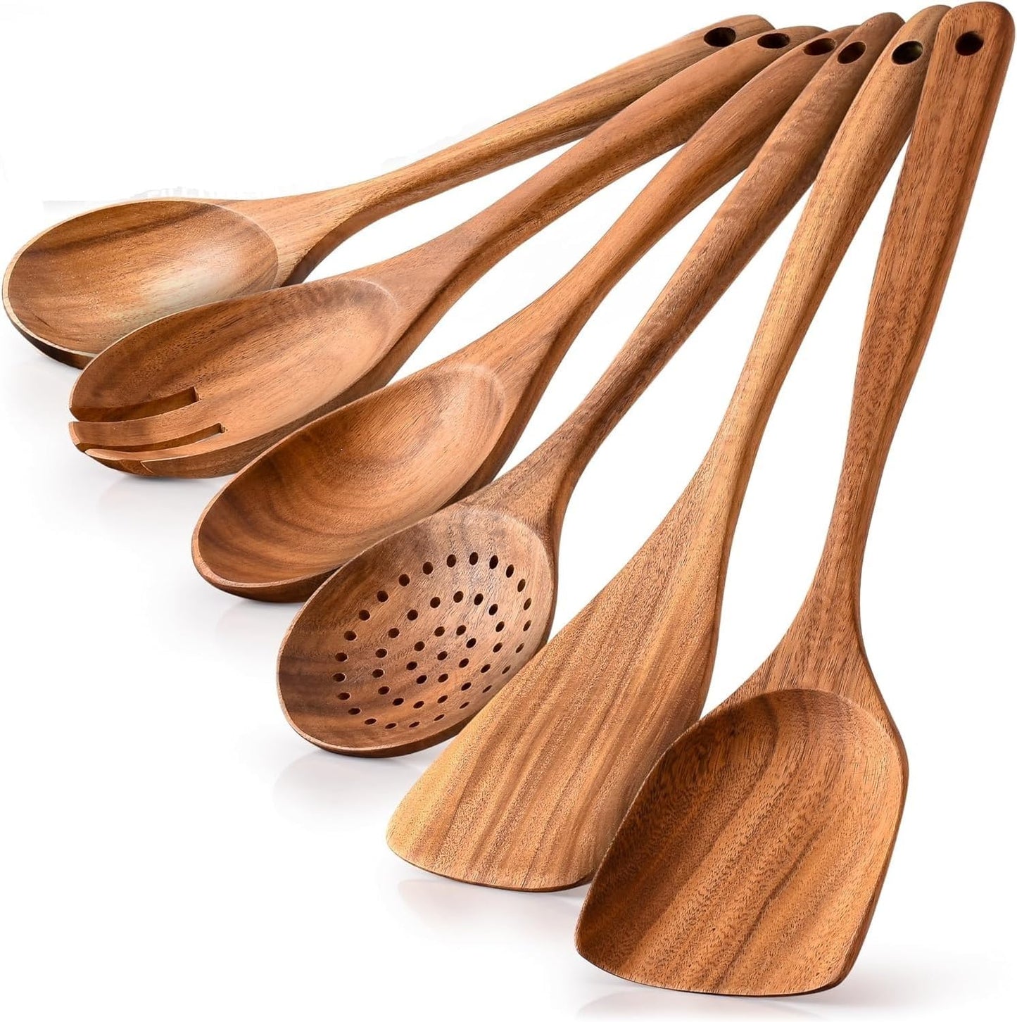 Wooden Spoons for Cooking Utensils Set with Holder, Spoon Rest & Hooks, Teak Wood Nonstick Kitchen Cookware